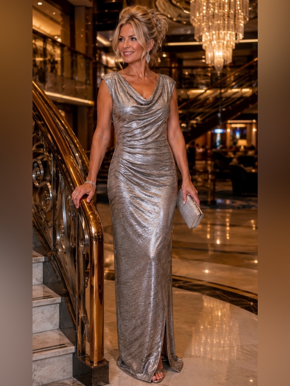 Connected Apparel Silver Metallic Maxi Dress Size 10 Cowl Neck Formal